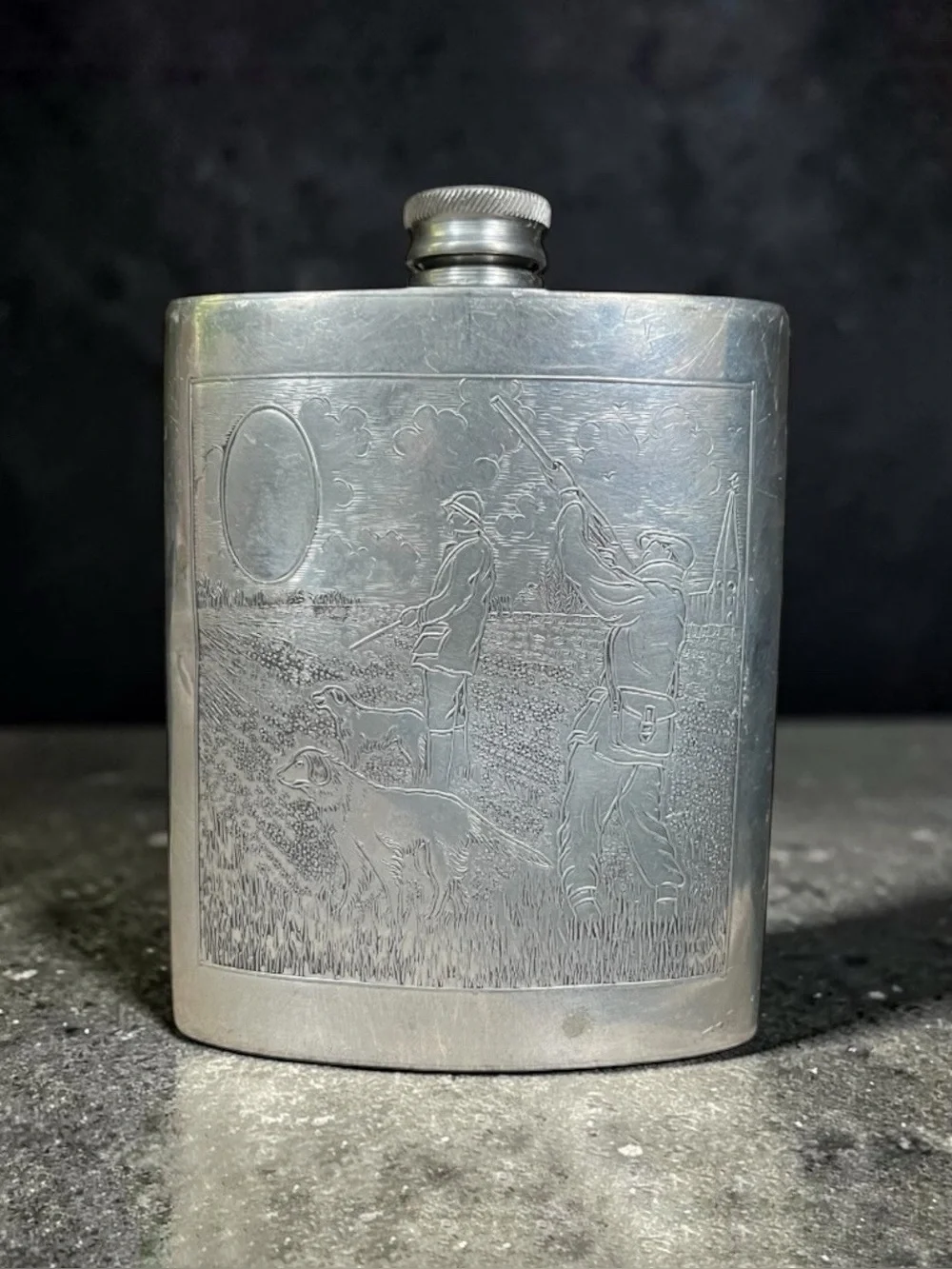RARE Sheffield Rose English Pewter Hip Flask - Hunting Scene